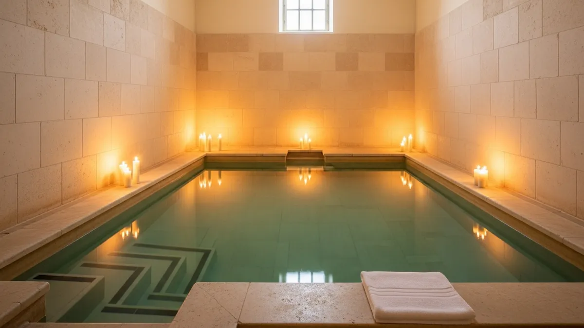 Serene mikveh interior with still reflective water, stone steps, and a folded white linen towel in candlelight
