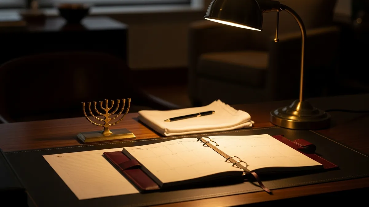 Warm-lit wooden office desk with brass paperweight, folded linen, and open planner in golden lamplight
