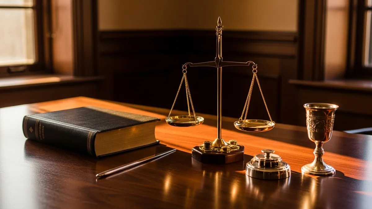 Dark-wood legal study with brass scales, aged law volumes, and a closed Talmud in golden afternoon light