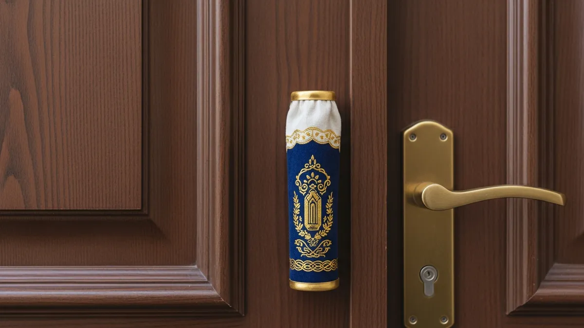 Sunlit residential doorway with mezuzah on doorpost, honey hardwood floors, warm amber light, view to quiet neighborhood street
