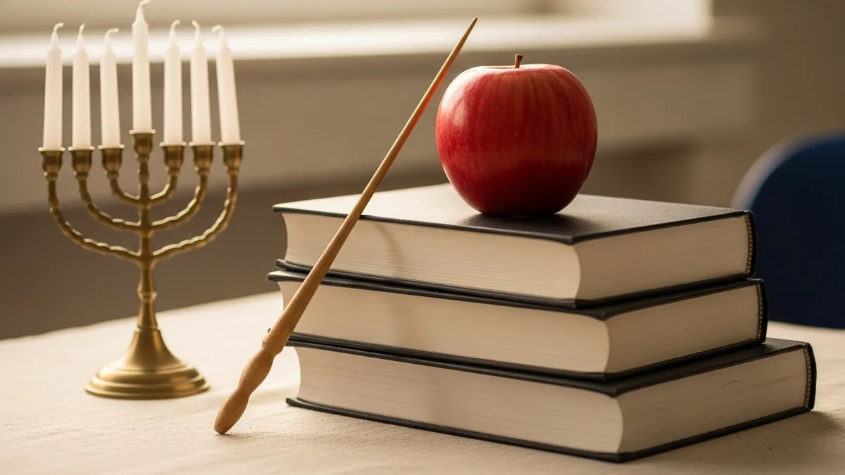 Stack of worn books and a polished apple beside an open manuscript on a warm linen-draped study table