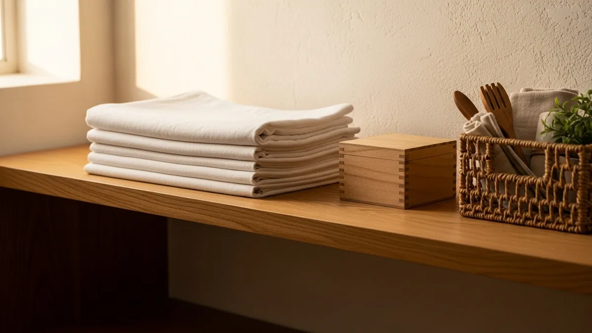 Wooden shelf with folded linen tablecloths, woolen blankets, and a modest wooden collection box in soft window light