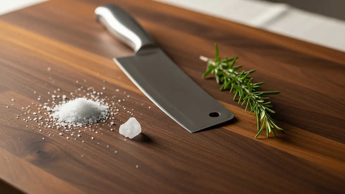 Polished steel cleaver on butcher block beside rosemary and coarse salt crystals in warm sidelight