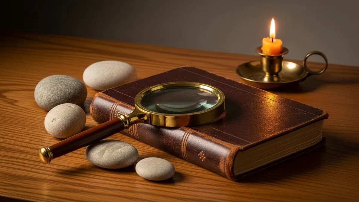 Antique open lexicon with aged parchment pages and vintage magnifying glass under warm candlelight, evoking a glossary of sacred terminology