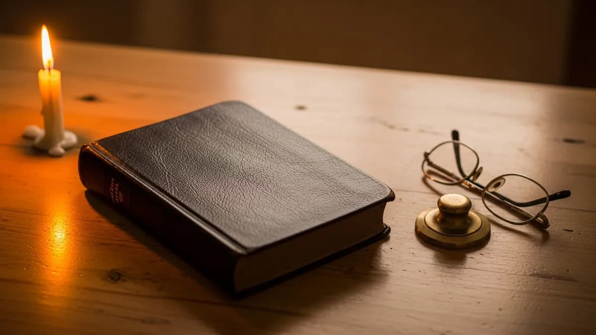 Open Talmud volumes on a worn study table illuminated by candlelight, reading glasses folded beside the pages