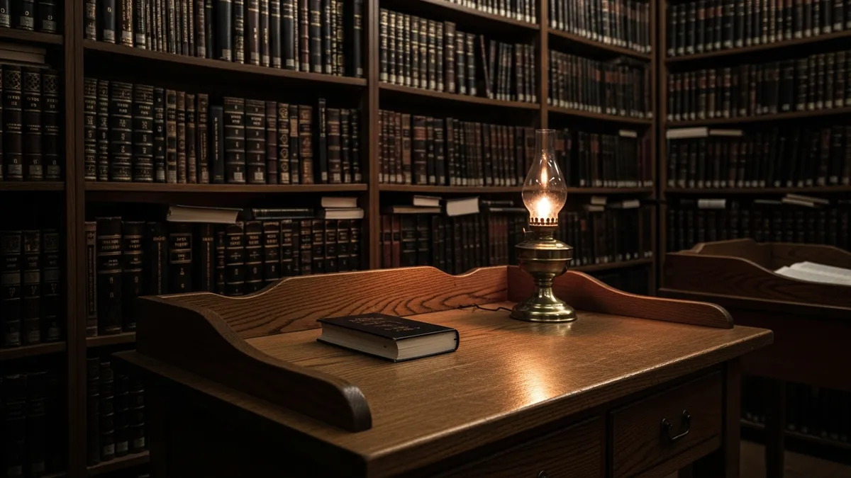 Open Talmud volumes on a candlelit beis medrash study table with rows of dark-spined sefarim in warm amber light