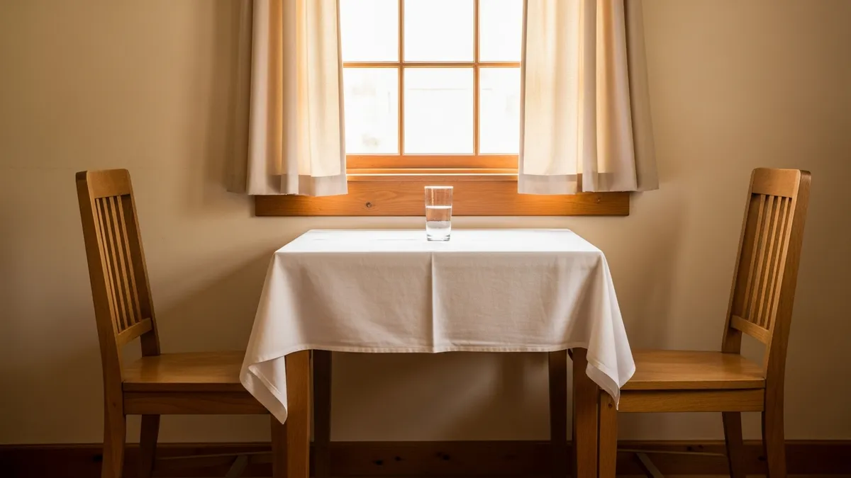 Two ornate empty chairs facing each other across a white-linen table with a single white flower in soft window light