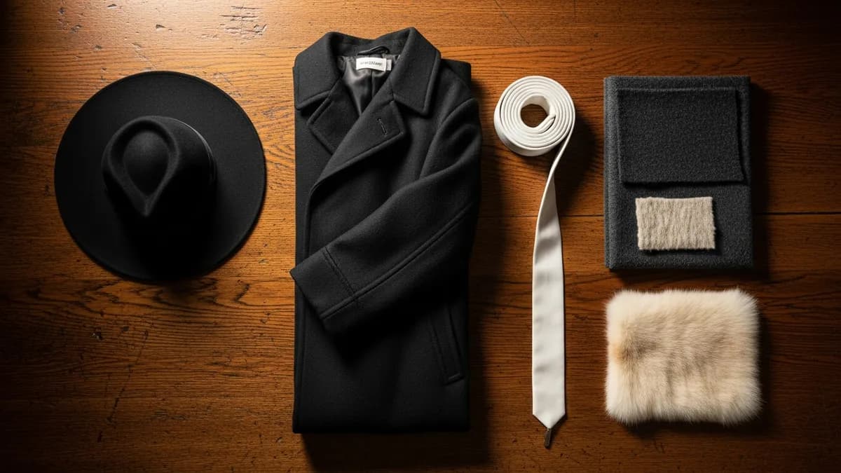 Hasidic black felt hat, dark kapote coat, and folded wool garments arranged on aged wood in warm editorial light