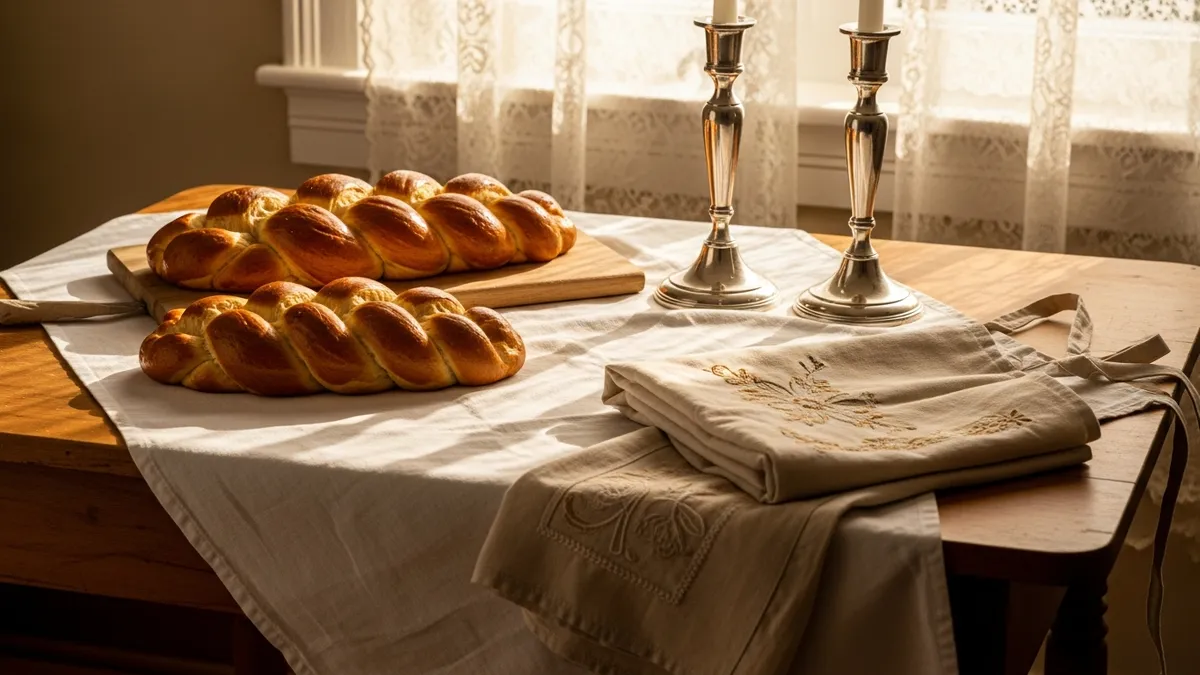 Shabbat kitchen table with braided challah, silver candlesticks, and lace-curtained window light