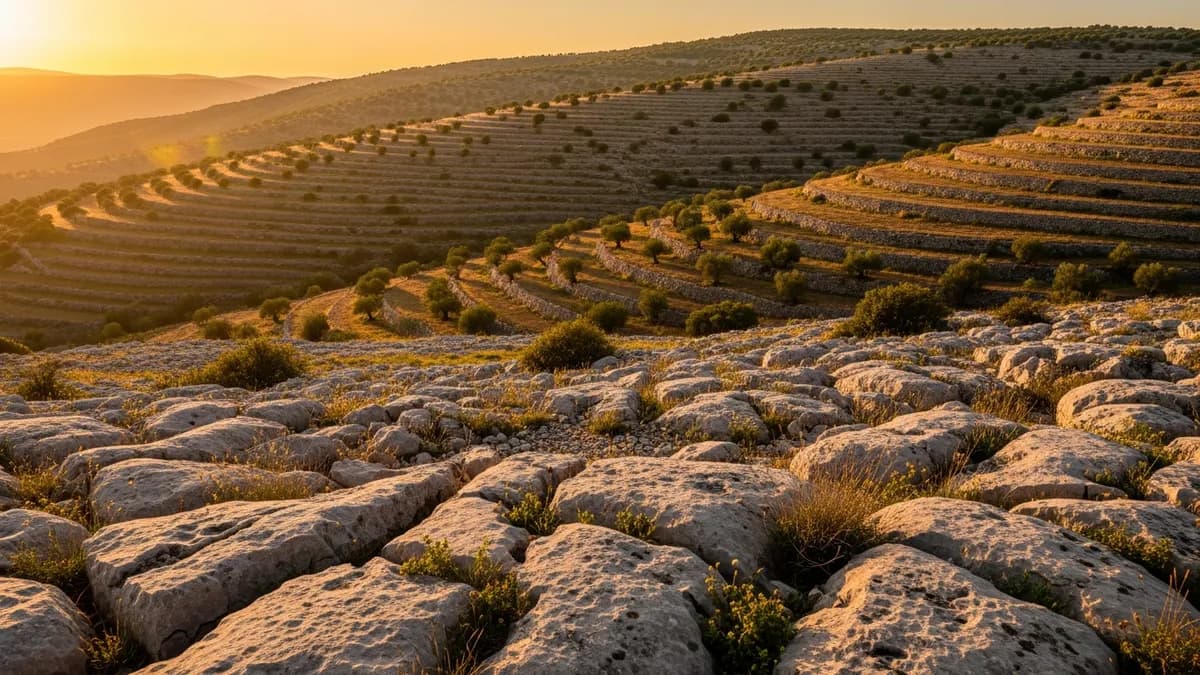 Ancient stone terraces and olive groves bathed in golden-hour light across a sacred hillside landscape