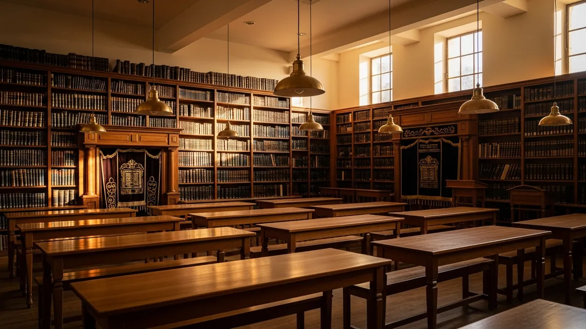 The warm interior of a Jewish beis medrash (study hall): wooden benches, shelves of sacred books, and a carved Torah ark in golden light