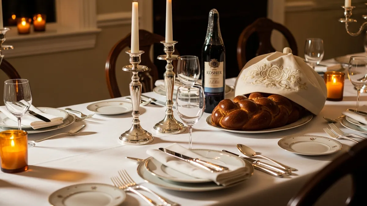 Shabbat table set for guests with challah, silver candlesticks, kosher wine, and fine china on white linen