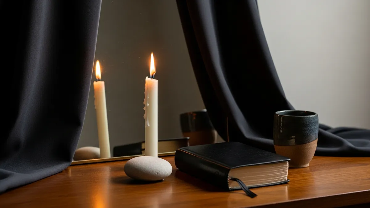 Lit white candle beside a covered mirror, smooth stone, and open prayer book in quiet, dignified light