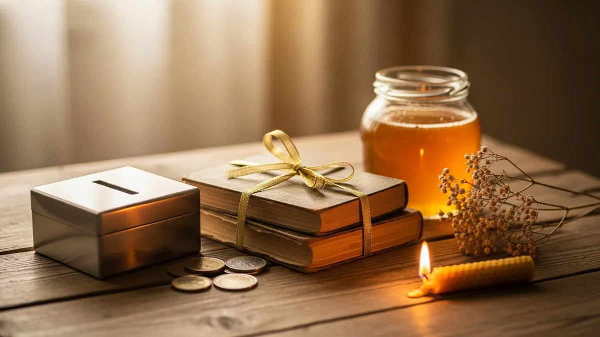 Charity box, honey jar, gift-wrapped sefarim, and a beeswax candle on a warm wooden table