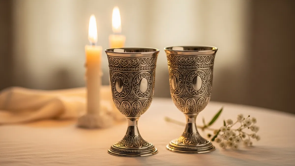Two silver Kiddush cups side by side on white linen with candlelight and a folded parchment note