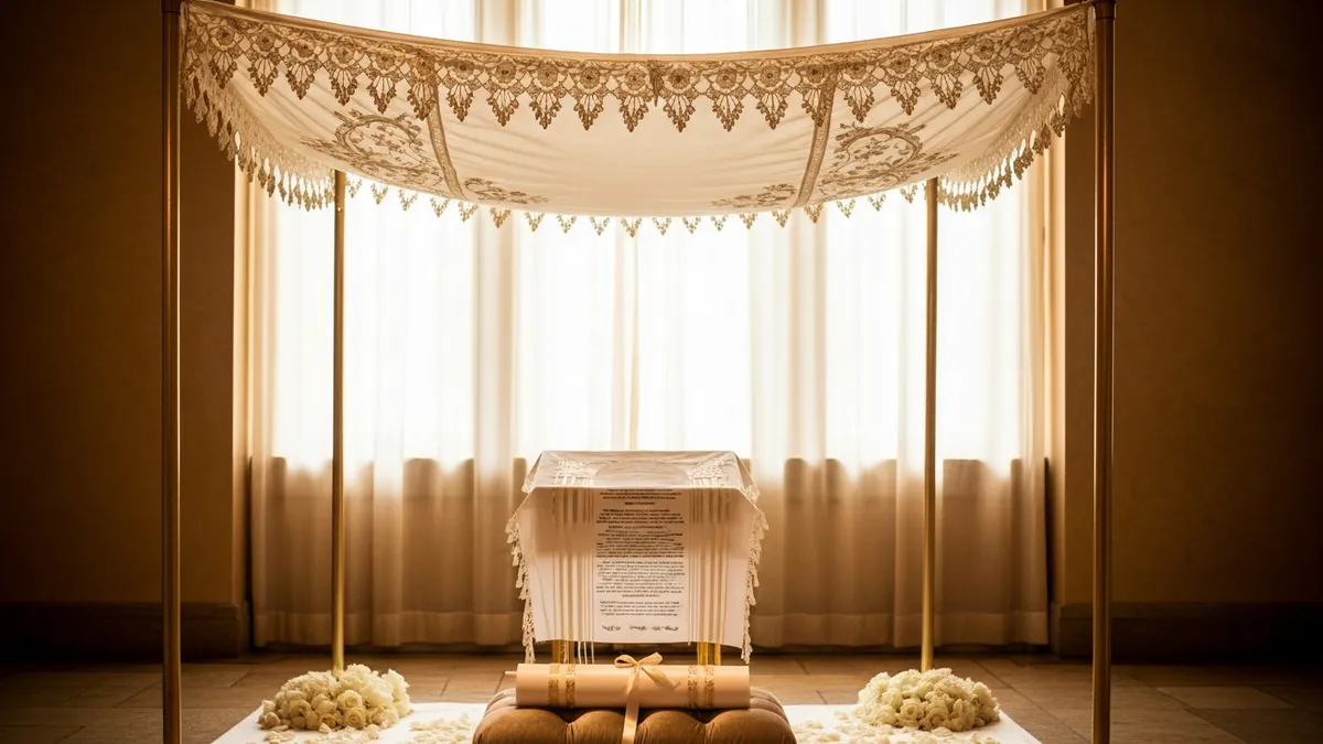 Silk chuppah canopy over gilded poles with a rolled ketubah on a velvet cushion and flower petals below
