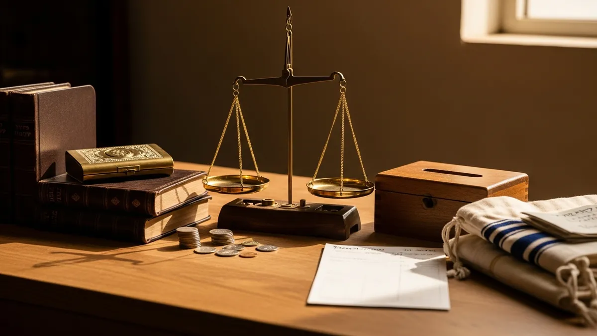 Worn mahogany desk with open leather ledger, brass inkwell, aged books, and a small mezuzah case in warm light
