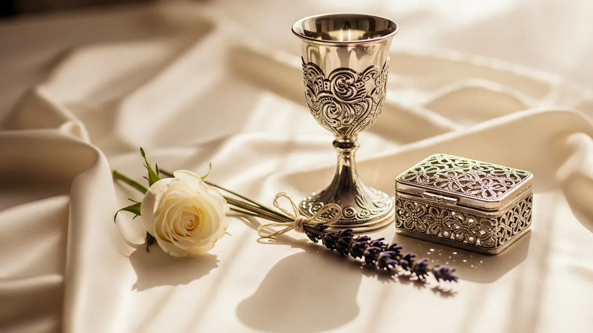 Silver Kiddush cup and open parchment book on a worn wooden table with soft amber window light