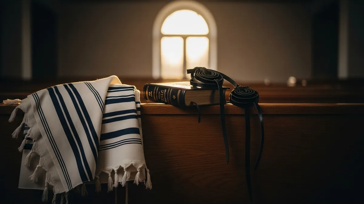 Tallit draped over synagogue bench beside a leather siddur and coiled tefillin in warm golden light