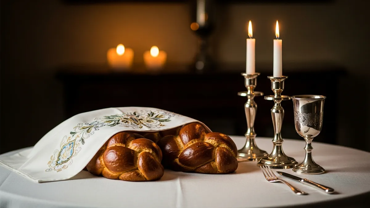 Shabbat table with covered challah, lit silver candlesticks, and Kiddush cup glowing in candlelight