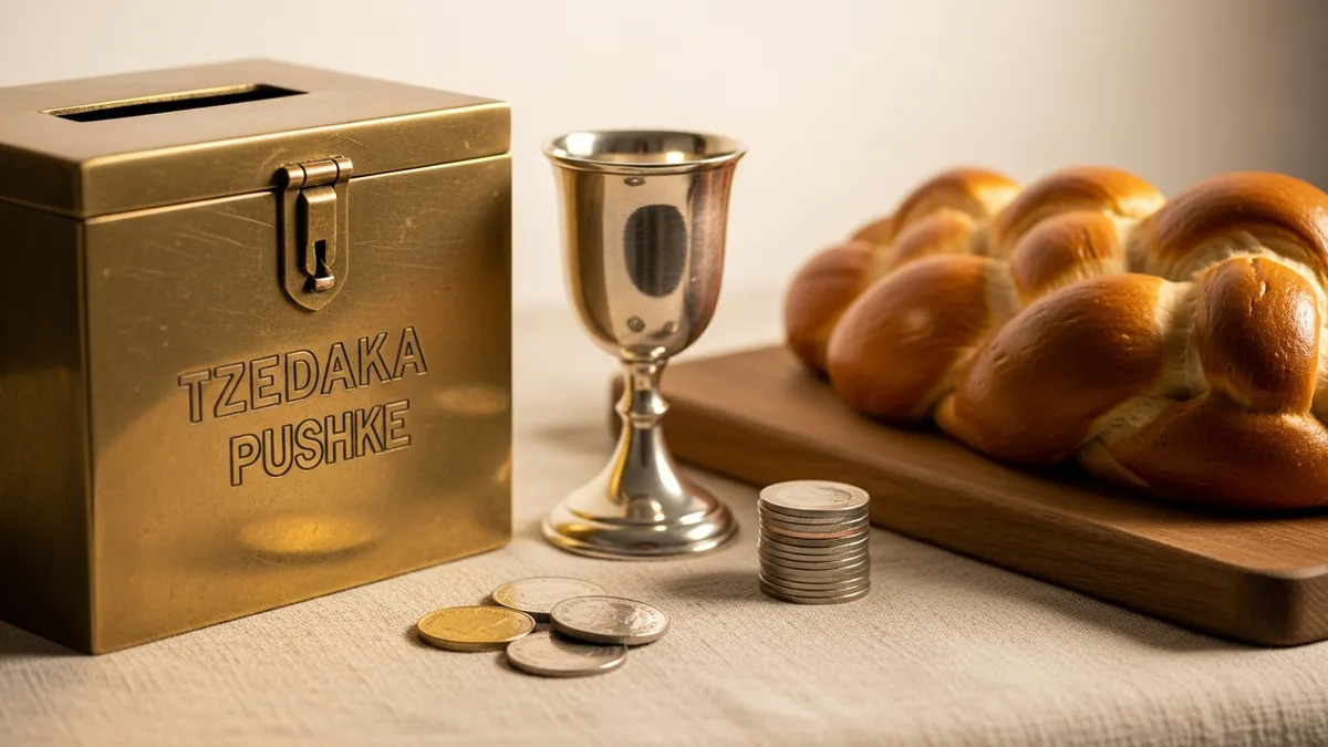 Silver Kiddush cup, braided challah, tallit, mezuzah, and siddur arranged on linen in warm golden light
