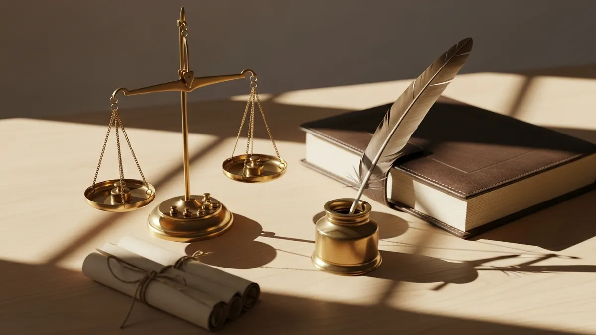 Antique brass scale, open ledger, quill, and parchment scrolls on a warm sunlit merchant's writing desk