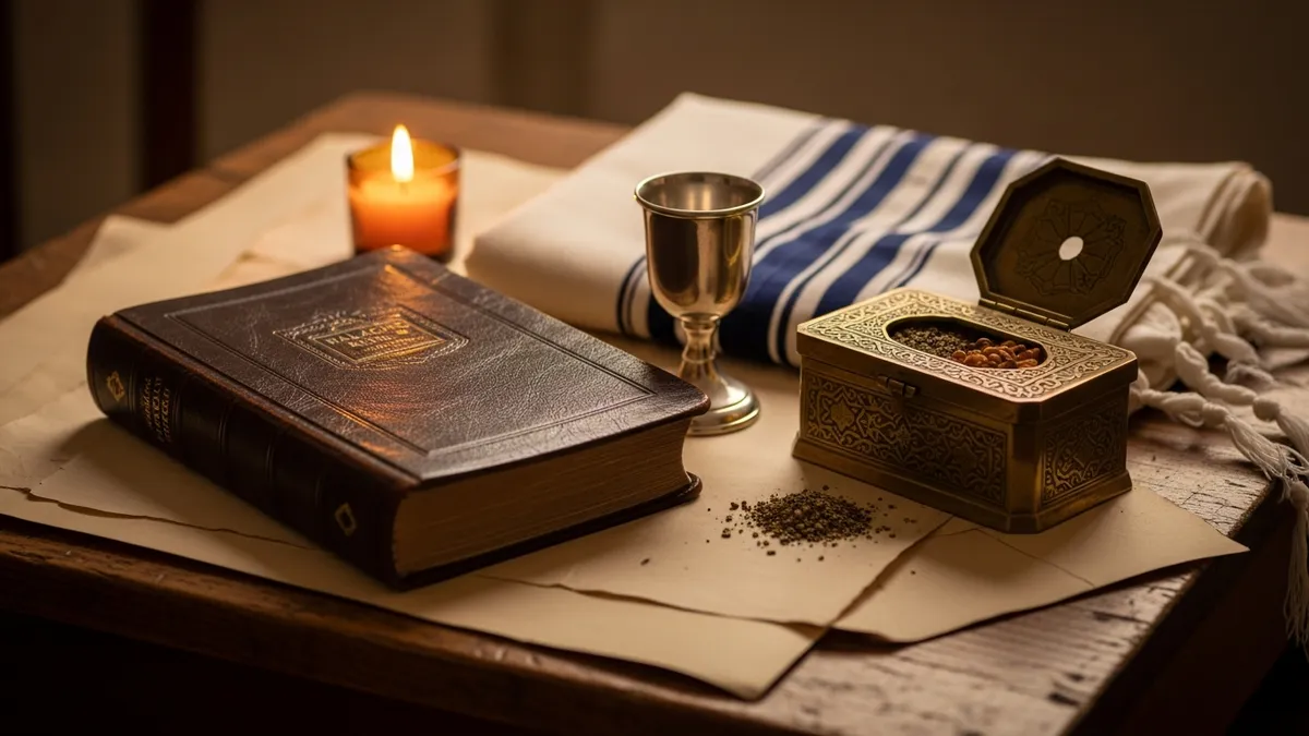 Open halachic code on a study table with a silver kiddush cup, folded tallit, and brass spice box in warm candlelight