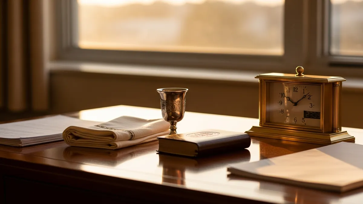 Wooden desk with an open planner, brass clock near sunset hour, and folded linen cloth in warm late-afternoon office light