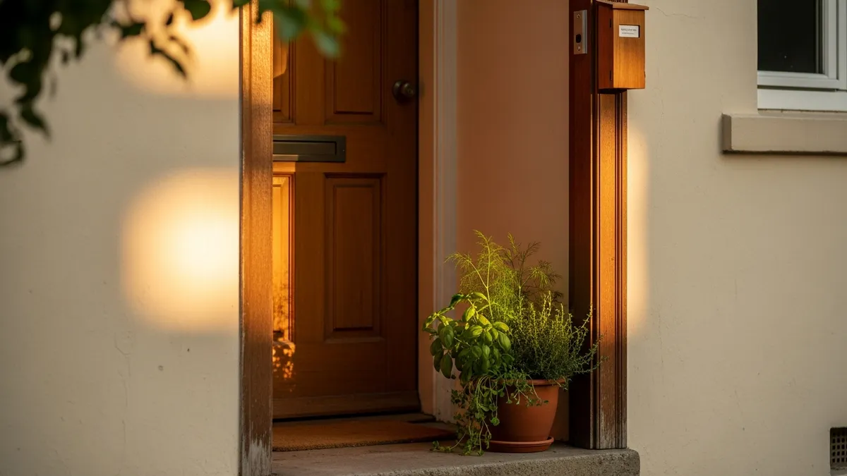 Warm doorway with a mezuzah on the post, clay herb pot on the threshold, and golden-hour light through leaves