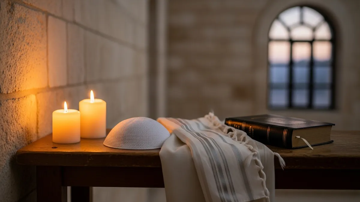 Open Talmud and Hebrew prayer books on a worn study table, white kippah and folded tallit nearby, warm candlelight
