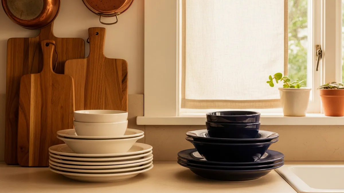 Two sets of ceramic dishes and wooden cutting boards on a warm kitchen counter, copper pots and linen-curtained window light