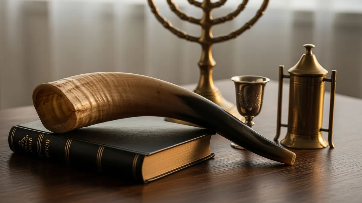 Shofar, open sefer, seven-branch menorah, spice box, and silver kiddush cup on a walnut surface in warm golden light
