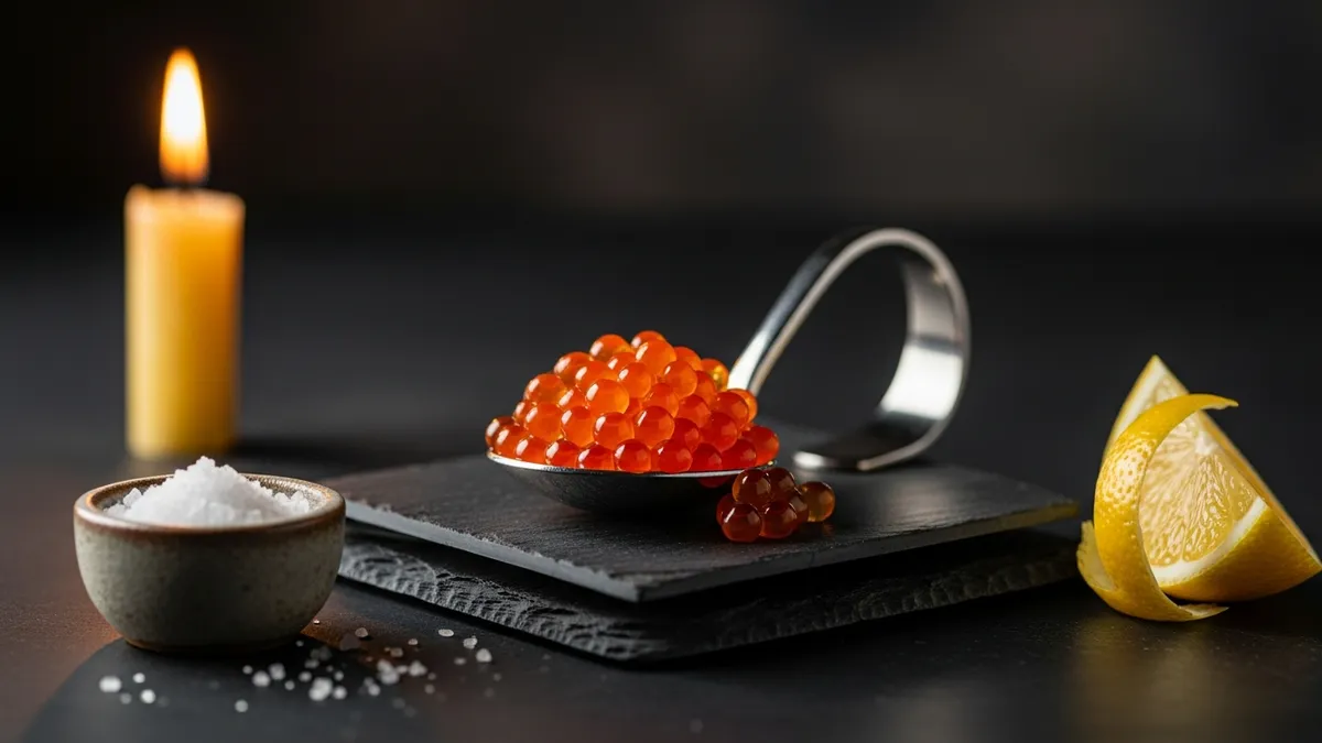 Silver spoon of glistening salmon roe on parchment beside an open book and kiddush cup in warm candlelight
