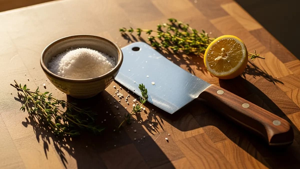 Kosher salt in a ceramic bowl on a linen-draped wooden board with fresh herbs in warm afternoon light