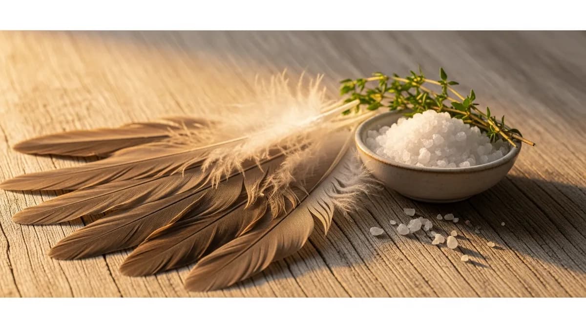 Ceramic bowl of golden rendered fat with bay leaves and peppercorns on a worn oak table in warm hearth light