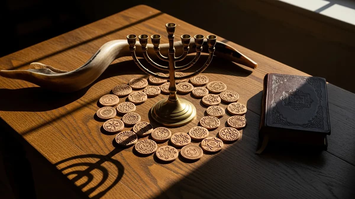 Antique table with open books, parchment charts, brass candelabra and expanding ring of smooth stones in warm amber light
