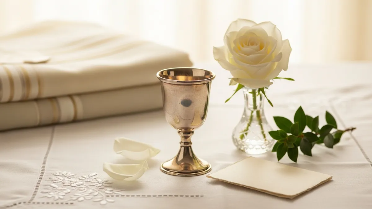 Silver Kiddush cup on embroidered linen beside a white rose and myrtle sprig in gentle diffused light