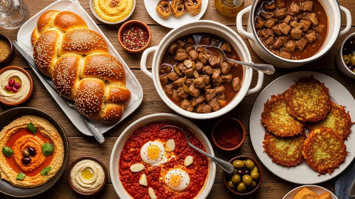 A wooden table spread with challah, stew, latkes, shakshuka, hummus, and spices