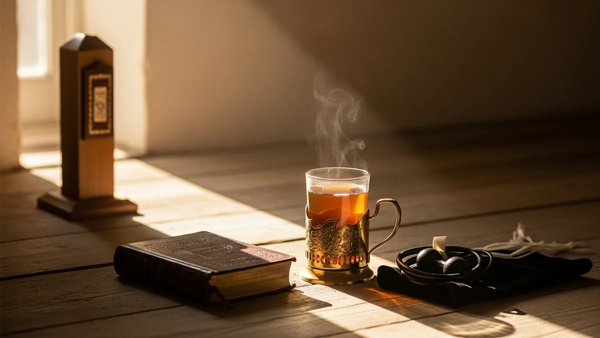 Morning study corner with open siddur, glass of tea, tefillin in velvet pouch and sunlit wooden floorboards