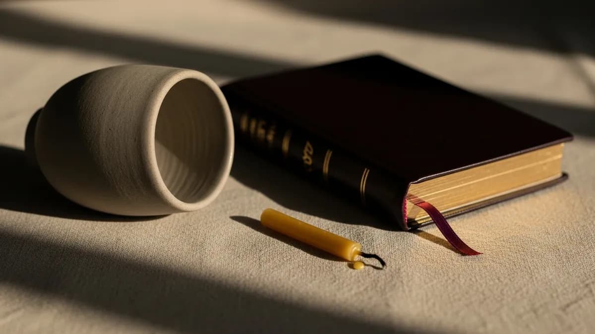 Empty ceramic cup and plate beside an open prayer book in fading afternoon light, evoking a day of fasting