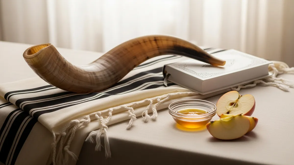 A shofar resting on a white prayer shawl beside apples and honey