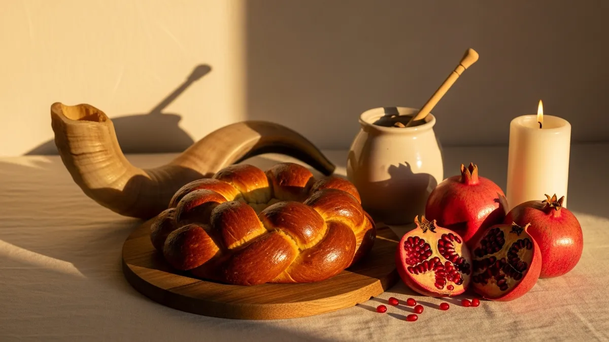 Shofar, round challah, myrtle sprig, and silver honey dish arranged on an embroidered table in golden light