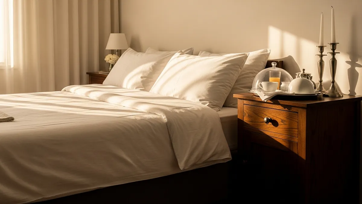 A neat guest bed with a covered meal tray and two candlesticks in soft light