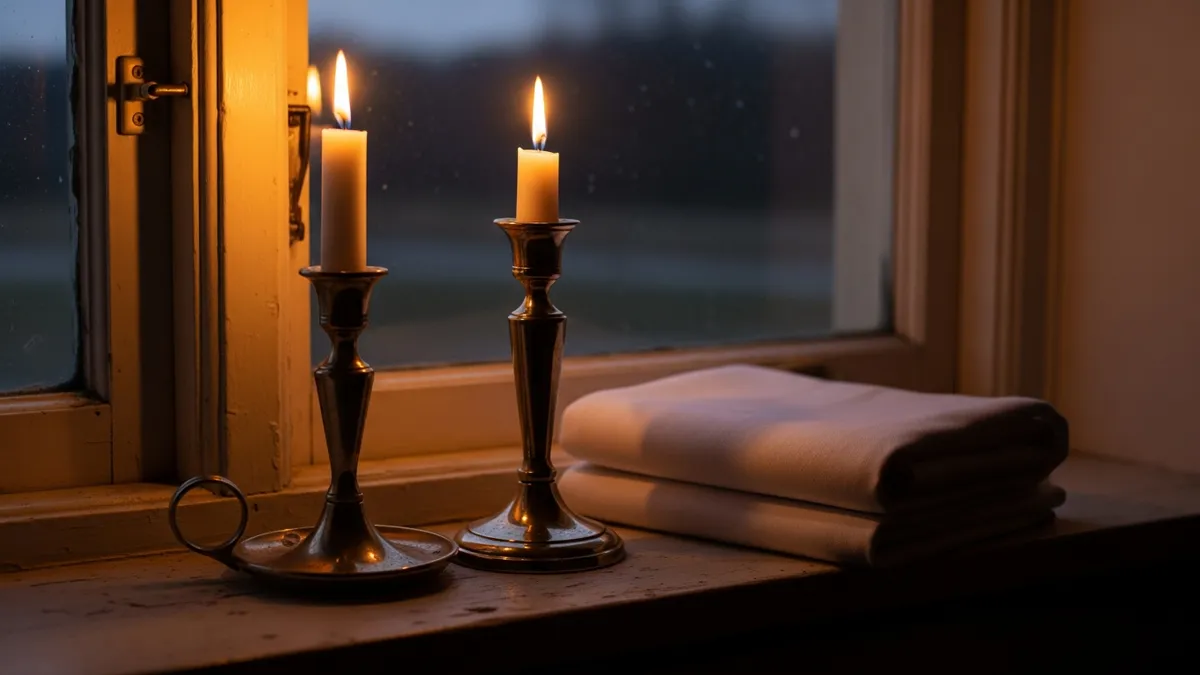Two unlit candles in mismatched silver candlesticks on a windowsill at dusk