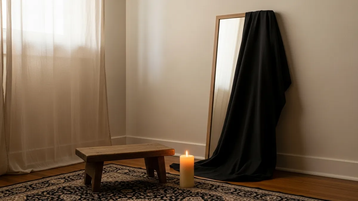 Covered mirror, low mourning stool, and a single memorial candle burning in quiet amber light during shiva
