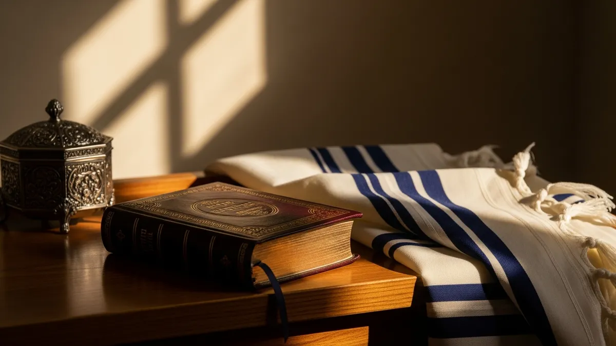 Open Siddur on a wooden shtender with a blue-striped tallit beside it, bathed in warm synagogue morning light