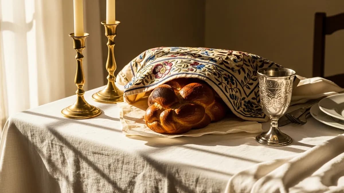 Shabbat table with covered challah, brass candlesticks, and silver Kiddush cup in warm golden light