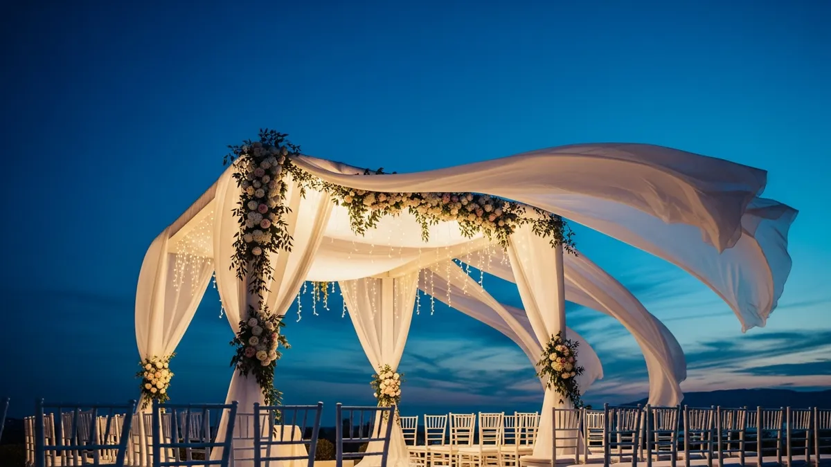 An empty flower-draped wedding chuppah at dusk with rows of white chairs