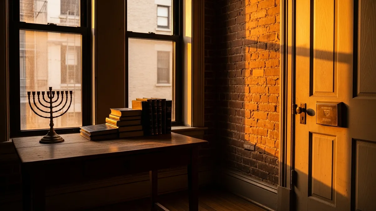 Warm golden-hour interior with sefarim, silver candlestick, and mezuzah-adorned doorpost in a Brooklyn study room