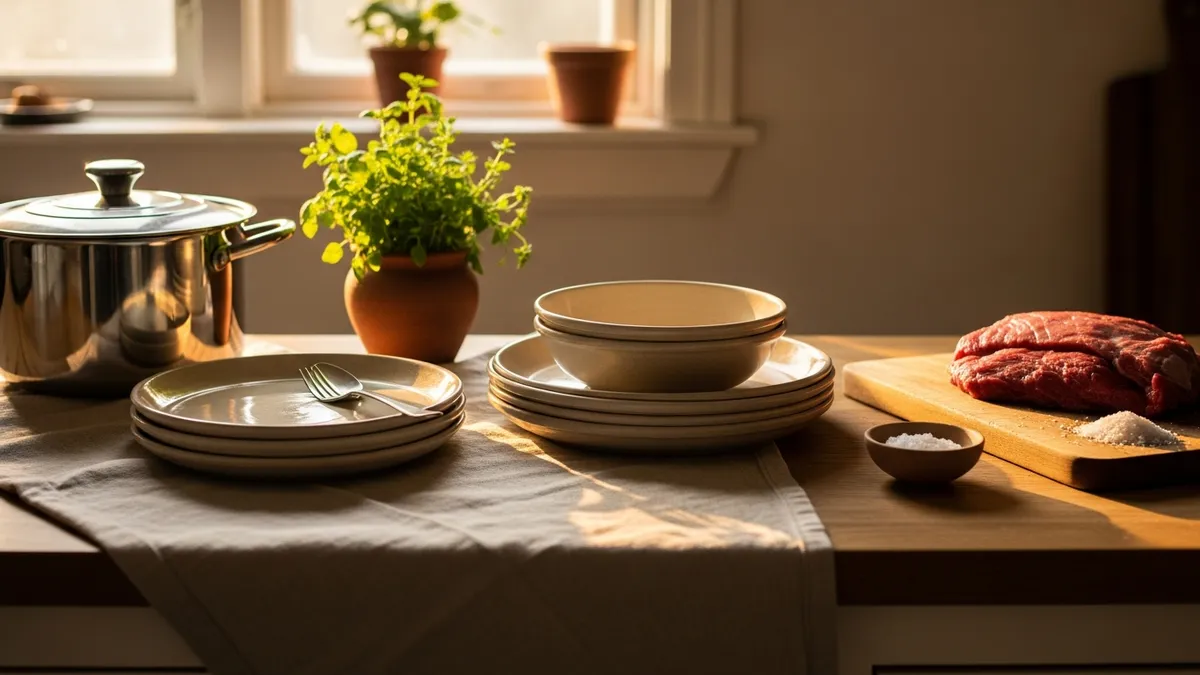 Two sets of kosher dishes separated on a warm wooden counter beside fresh herbs and kosher-certified meat in golden light